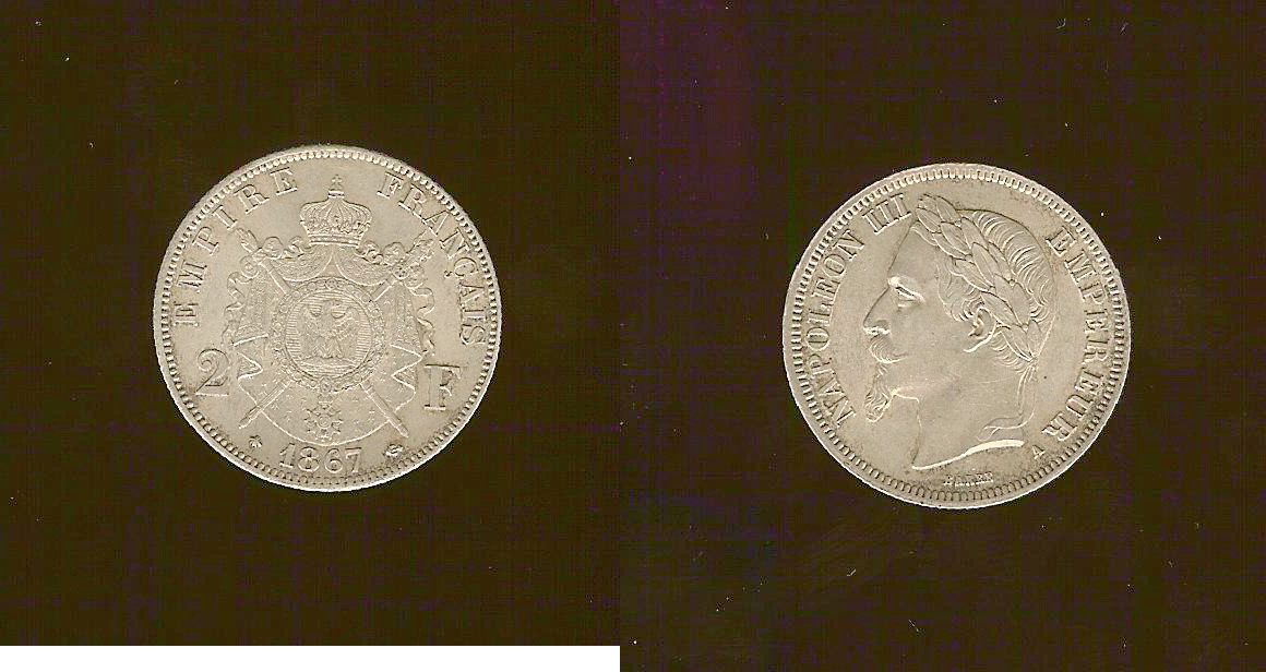 2 francs Napoléon III, tête laurée 1867 Paris SUP